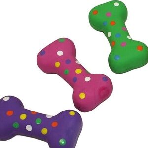 (3 toys) Multipet Latex Polkadot Bone 4" XS Assorted colors Dog Toy W/ Squeaker